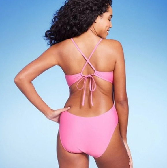 Shade & Shore Pink Tie-Front Plunge One Piece Swimsuit Size Women Small 4-6 NEW - Picture 2 of 11